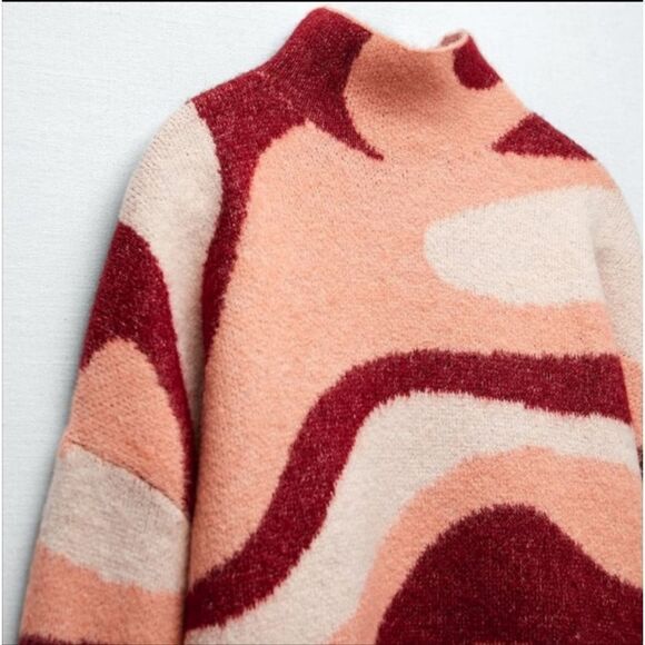 ZARA BLOGGER RED PINK RETRO MOD SWIRL JACQUARD KNIT MOCKNECK SWEATER TURTLENECK - Picture 8 of 13